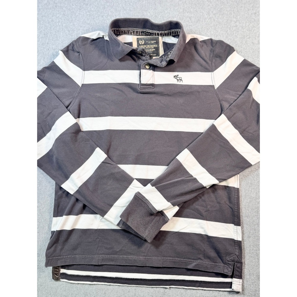 Abercrombie & Fitch Mens Muscle Fit Long Sleeve Polo Shirt Gray White Striped M